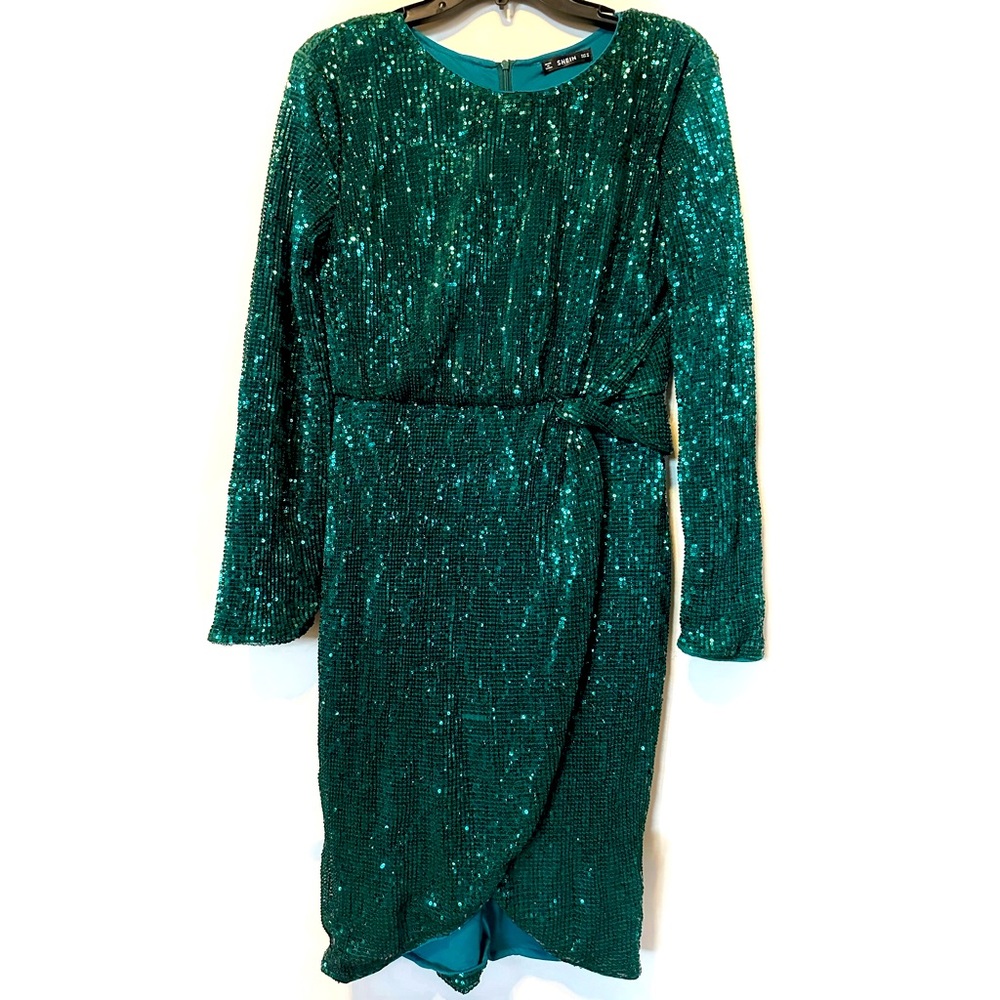 Shein Emerald Green Sequin Faux Wrap Dress Size Medium